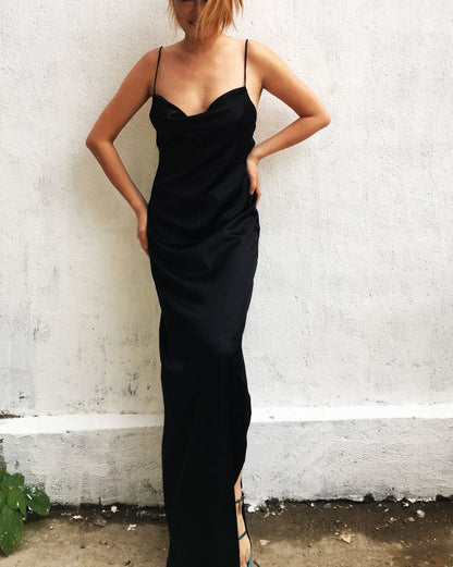 Black Cowl Neck Backless Mulberry Silk Slip Dress
