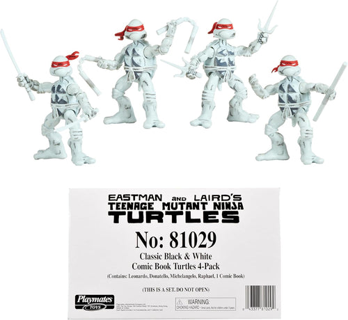 Teenage Mutant Ninja Turtles 4 Inch Action Figure 4-Pack Box Set - Ninja Turtles Black and White Comic Book Figures with Comic Book