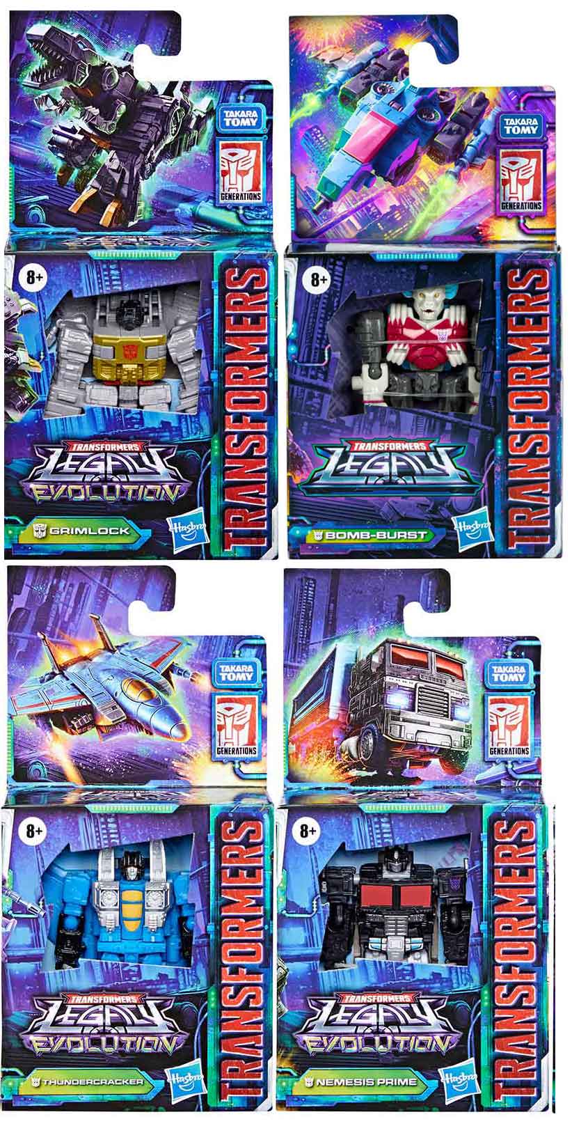 Transformers Legacy Evolution 3.5 Inch Action Figure Core Class Wave 3 - Set of 4 (Grimlock - Thundercracker - Prime - Bomb Burst)